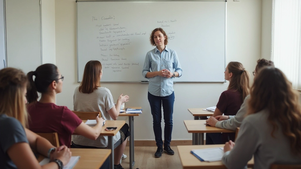 Sala de aula moderna com estudantes aprendendo inglês, professor explicando, ambiente acolhedor