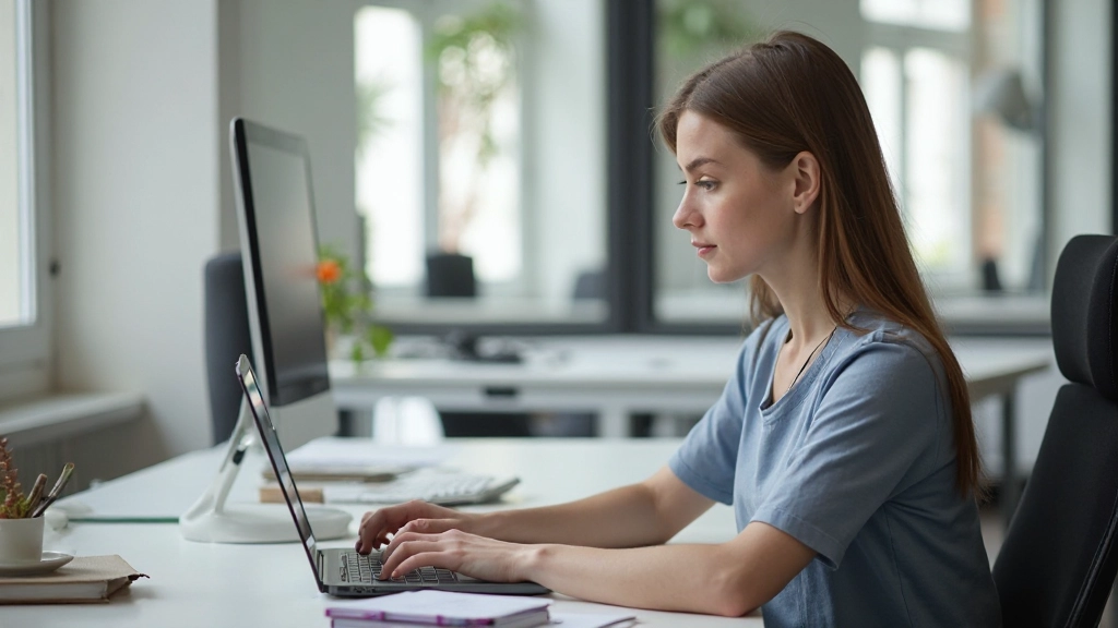 Aluno concentrado em aula de inglês em ambiente profissional moderno, com notebook e materiais de estudo sobre mesa
