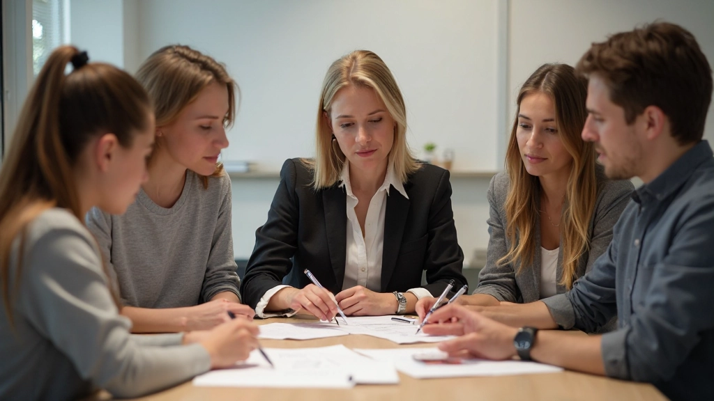 Grupo de alunos de inglês estudando juntos em sala de aula moderna, com materiais compartilhados e interação positiva