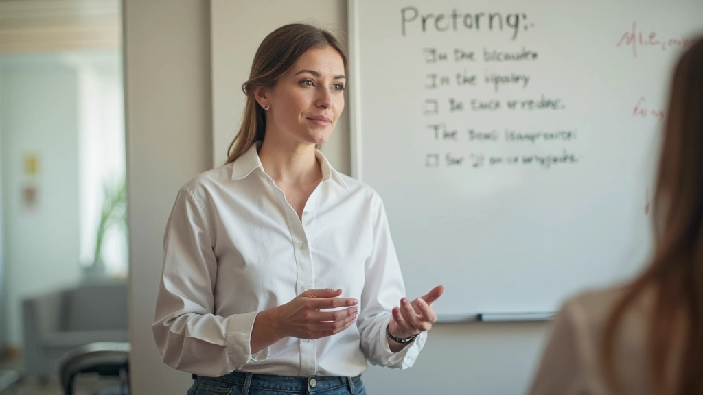 Professor demonstrando pronúncia correta de palavras em inglês em sala de aula interativa